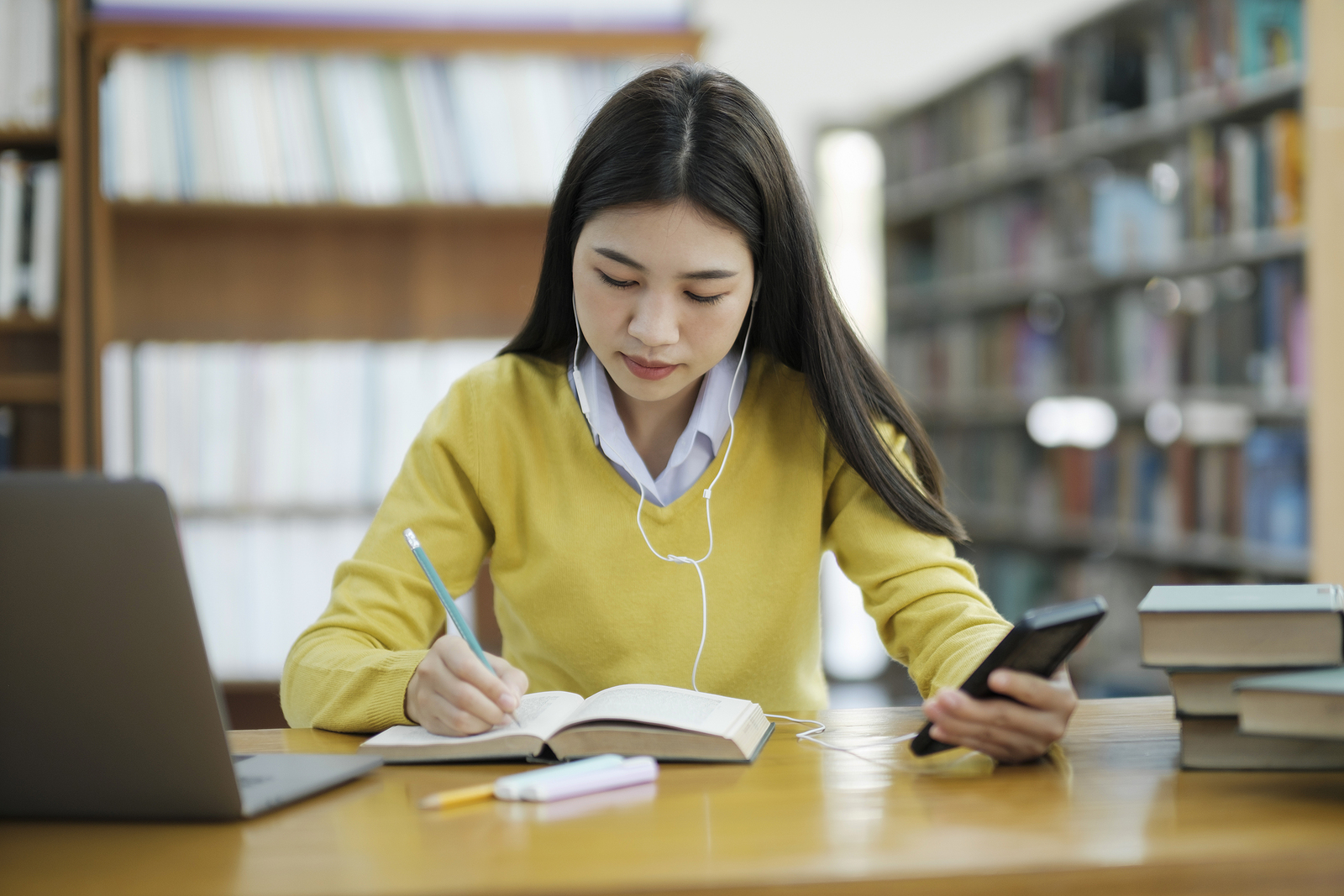 Young Female College, Highschool Student Wearing Headphones And